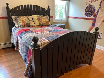 Twin-Sized Bed Frame With Dark Painted Fence-Inspired Headboard And Footboard