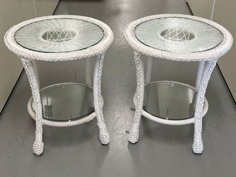 Pair Of White Wicker Patio Side Tables