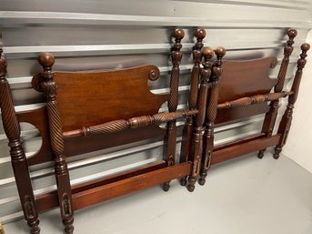 Two Carved Mahogany Twin Bed Frames