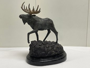 Metal Moose Sculpture With Marble Base