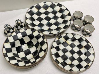 MacKenzie-Childs Service For 6 Enamel Dish Set With Salt, Pepper & 4 Napkin Rings