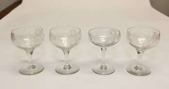 Set Of 4 Etched Floral Wine Glasses