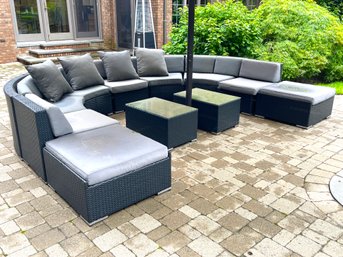 Huge Wicker Sectional Patio Sofa With Ottomans & Glass Top Tables