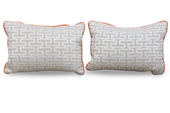 Pair Of Gray & White Throw Pillows With Orange Piping