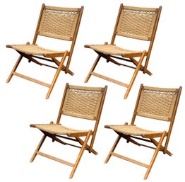 Mid Century Teak And Rope Folding Lounge Chairs