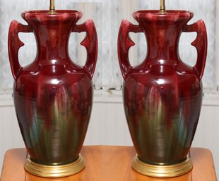 Oxblood Flambe Porcelain Lamps With Acorn Finials