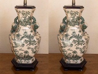 Hand Painted Green Chinese Vase Lamps- A Pair