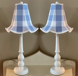 Pair Of Blue & White Gingham Shade Table Lamps