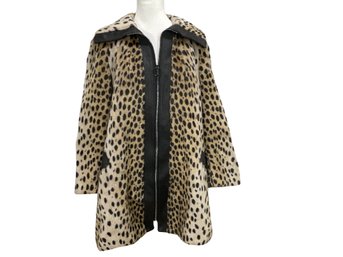 Fabulous Vintage Leopard Print Faux Fur Swing Coat With Leather Trim