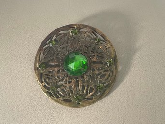 Vintage Round Metal And Green Stone Pin