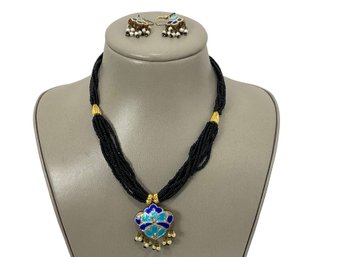 Reversible Enamel Pendant On Black Beaded Necklace With Earrings