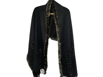 Black Cashmere Blend Wrap Shawl With Fur Trim