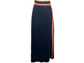 Sporty Long Knit Navy Skirt With Orange/white Stripes - Size 12