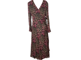 Polo Ralph Lauren Brown And Black Floral Ruffle-trim Long Sleeve Wrap Dress - Size 16