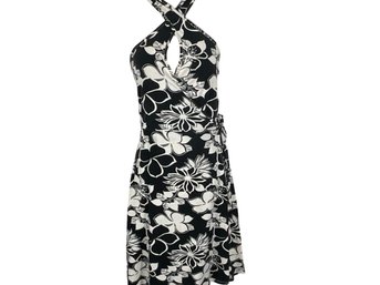 Pookie & Sebastian Black And White Floral Halter Wrap Dress -