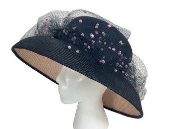 Suzanne Couture  Millinery Navy Blue Hat With Pink Flowers