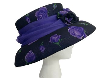 Suzanne Couture Millinery Hat Black With Purple Flowers