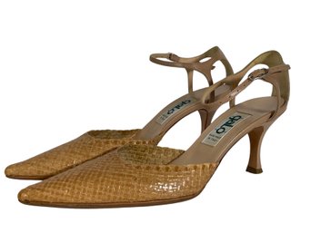 Gallo Tan Italian Leather Point Toe Slingback Heels - Size 37.5