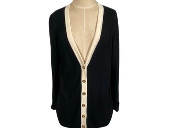 St. John Black And White Trimmed Cashmere Cardigan Sweater - Size M