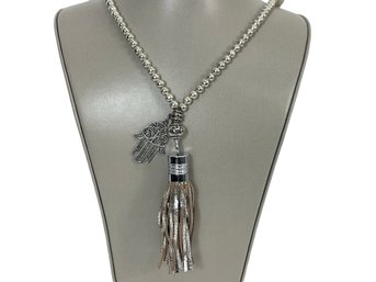 Silver Tone Beaded Necklace With Tassel And Hamas Hand