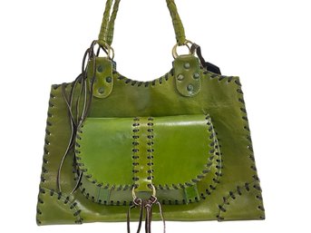 T-Bags Los Angeles Green Leather Handbag Braided Strap