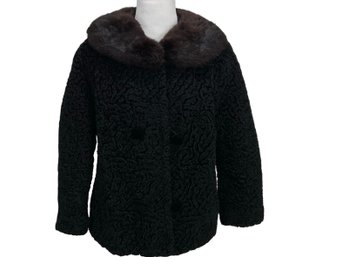 Vintage  Textures Black Jacket With Mink Fur Collar