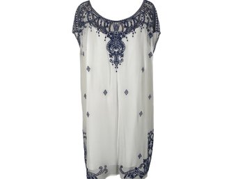 Club Monaco Sheer White Dress With Blue Stitching Trim And Slip - Size L