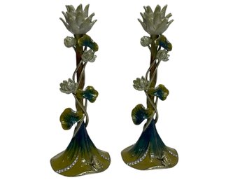 Pair Of Enamel Candlesticks With Crystals