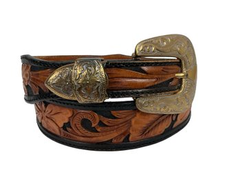 Womans Hand Tooled Leather Belt With Flowers