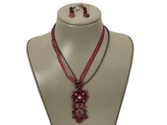 Rose Bead And Ribbon Dangle Necklace And Earrings