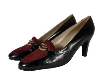 Helene Arpels - Italy - Black Leather And Burgundy Suede Heels - Size 7.5