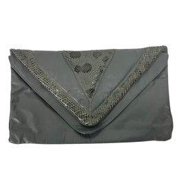 Vintage Gray Leather Clutch Bag With Reptile Trim