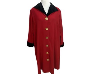 Vintage Constance Saunders Red Coat Dress With Velvet Trim Size 16