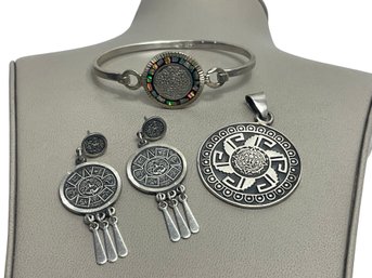 Mexican 925 Sterling Silver Pendant, Bracelet And Earrings