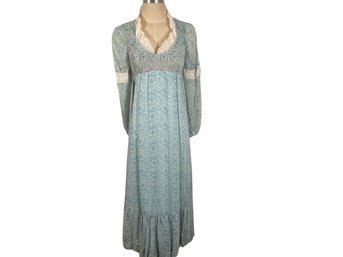 Saks Fifth Avenue Vintage Audrey Marlett Jack Kramer Blue Floral Lace Long Prairie Dress - Size 5/6