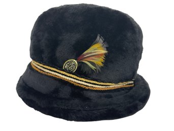Vintage Black Faux Fur Fedora Hat With Feather