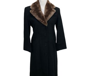 Black Lambswool And Angora Coat With Fur Collar Size 2