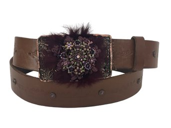 Streets Ahead Leather Belt With Jeweled And Feather Buckle Size L