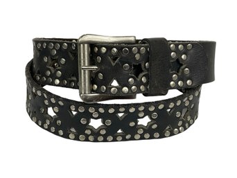 Black Leather Belt With Silver Rivets And Brass Buckle