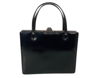 Vintage Sharp  Black Handbag With Elaborate Clasp