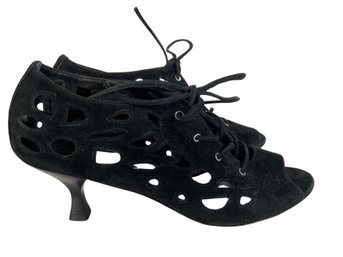 Johnston And Murphy Black Suede Peep Toe Lace Up Pumps - Size 7.5