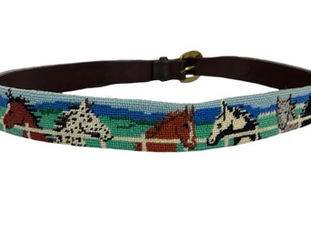 Equestrian Needlepoint Belt With Brass Buckle