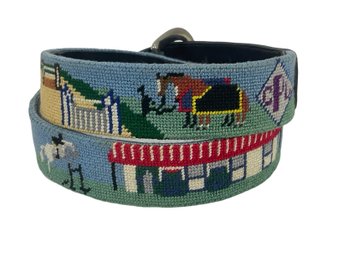 Equestrian Steeplechase Needlepoint Belt  With Brass Buckle