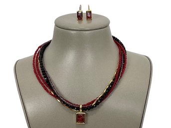 Red, Black, Gold Bead Necklace And Earrings