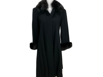 Marvin Richards Black Lambswool Coat With Fur Trim Size 4