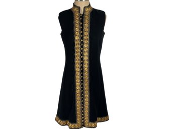 Sara Fredericks Black With Gold Embroidery Sleeveless Button Dress -