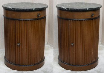 Pair Of Round Marble Top Storage Side Tables