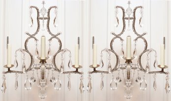 Dennis & Leen French Louis XIV Style Iron & Crystal Beaded Wall Sconces