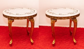 Pair Of Marble Top Gold Leaf End Tables