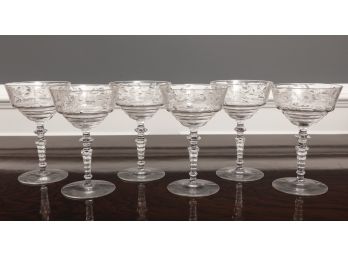 Set Of 6 Floral Etched Wine Glasses